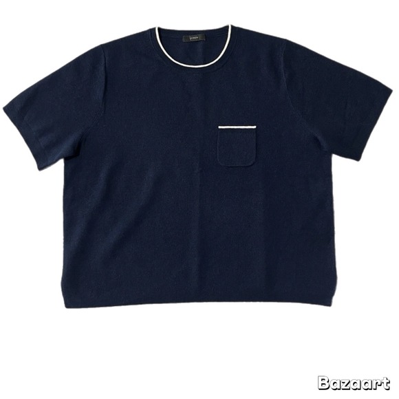 J. Crew 100% Merino Wool Short Sleeve Blouse Sweater Top Navy Blue Pocket White - Picture 2 of 5